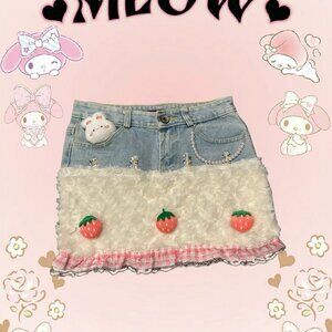 Adorable My Melody denim short with faux fur and strawberry patches
